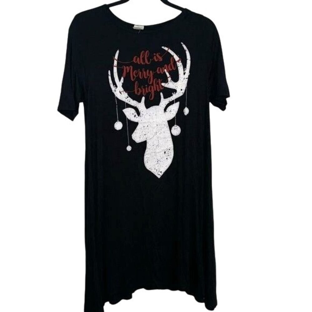 Black Holiday Dress W/ White Deer Graphic & Red "Merry And Bright" Text